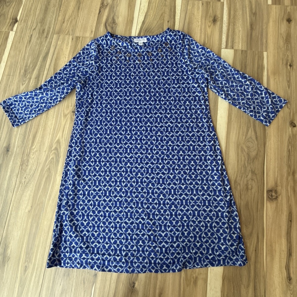 Kim Rogers Womens Blue White Geometric Link Grommet Neck Shift Dress Small
